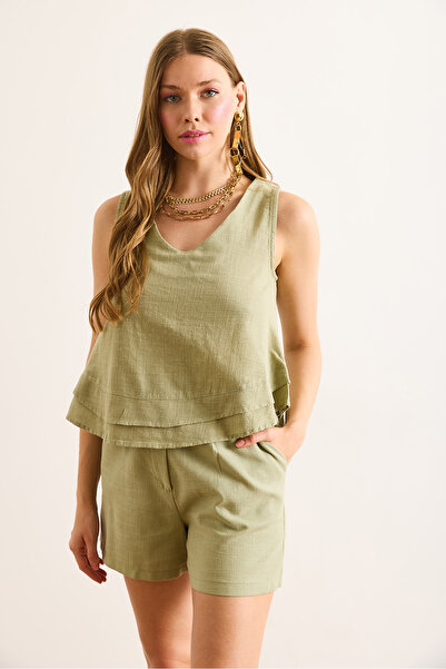 Olalook Women's Khaki V-Neck Linen Look Flam Bell Blouse Blz-19003060