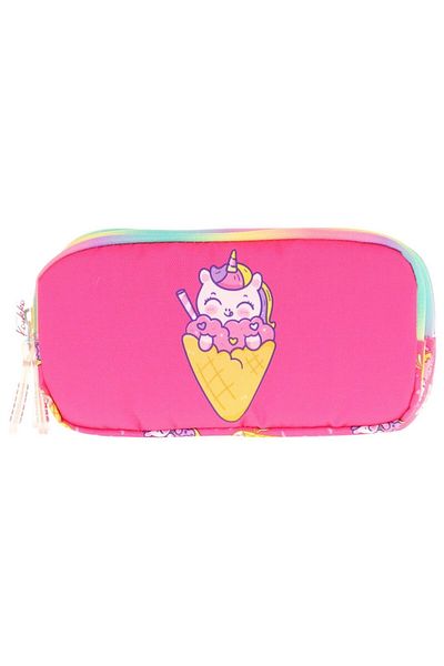 KAUKKO Kids Three Compartment Fuchsia, Ice Cream and Unicorn, Girls' School Pen Holder - L8227