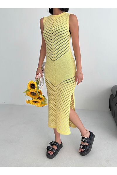 Zenea Yellow Body Fitting Slit Knitwear Beach Dress