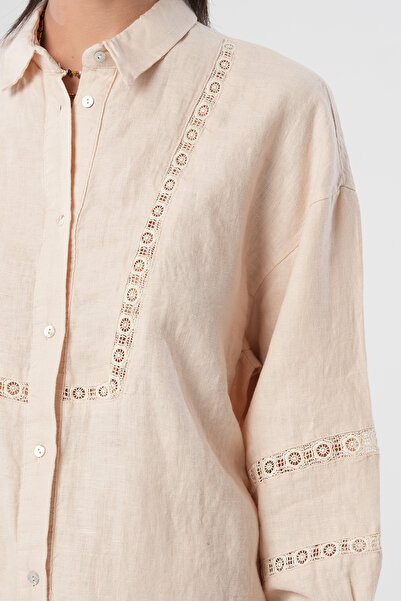 Orfeo Negro Women's Light Beige Color Front Lace Embroidered Shirt