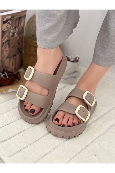 Ayakkabı Durağı Women's Daily Slippers Double Strap Adjustable Buckle Slippers Eva Soft Orthopedic Sole Mink