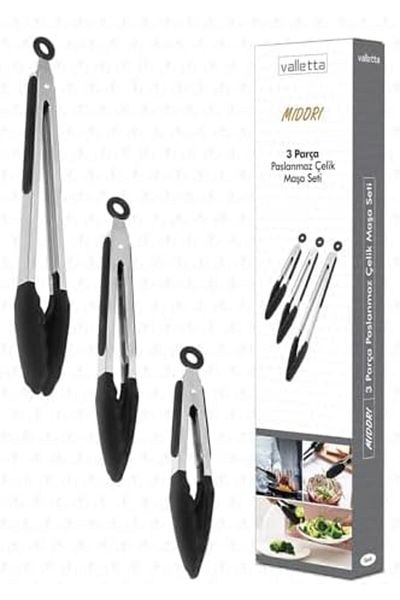 Mena Rise Şirinshop Midori Metal Handle Silicone Tip Smart 3-Piece Tongs Set with Lock System Black 1108107