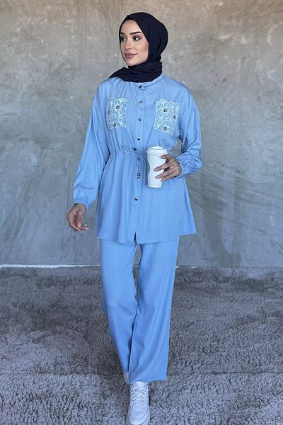 julude Set de două piese albastru deschis cu broderie în talie și pantaloni hijab