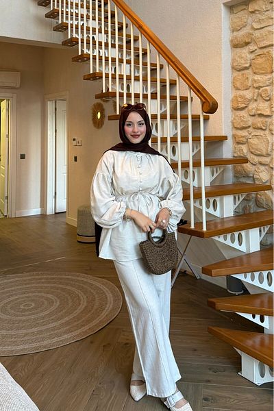lurex moda Linen Balloon Sleeve Half Button Suit