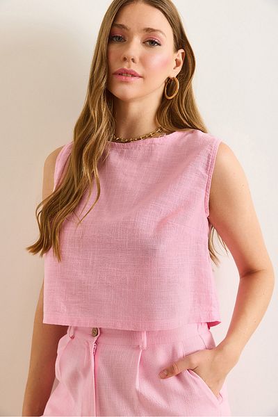 Olalook Γυναικεία Μπλούζα Ροζ Φλαμ Λινό Crop BLZ-19002925