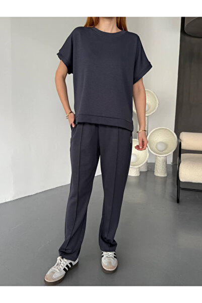 Cappmoda Tkm-1114 Anthracite Modal Fabric Short Sleeve Blouse Carrot Model Grass Bottom Double Suit