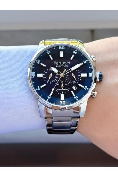 Ferrucci Men's Functions Active Silver Navy Blue Color Metal Cord Wrist Watch