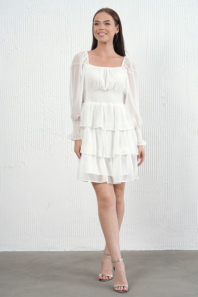 barış sülün lovebox Women's Skirt Floor Detailed Lined Chiffon Fabric White Evening Dress 078