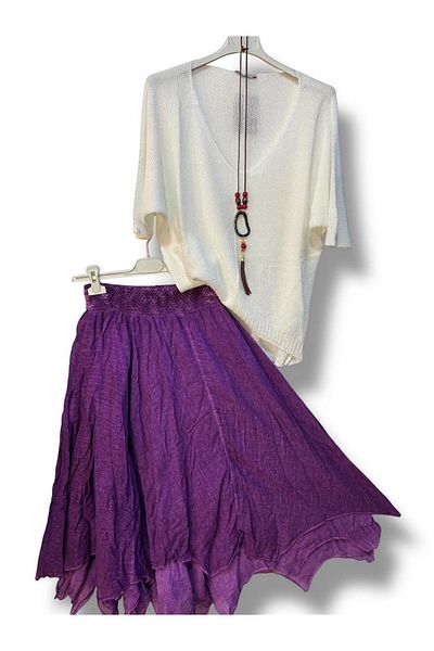 AGORATEKSTİL Women's Cotton Lined Skirt and Mercerized Blouse Combination with Necklace