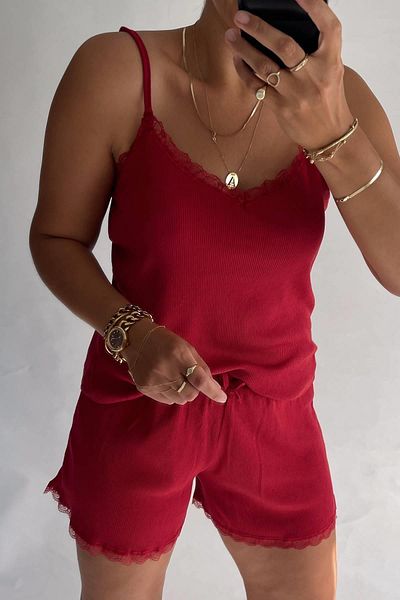MJAMASS Red Ribbed Lace Shorts Set
