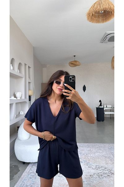 Buket Teke Navy Blue Shorts Blouse Modal Set