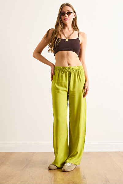 Olalook Kadın Lime Kuşaklı Dokuma Viscon Palazzo Pantolon PNT-19000169