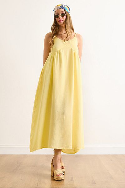 Olalook Γυναικείο Φόρεμα Maxi Muslin με κίτρινο λουράκι ELB-19002481