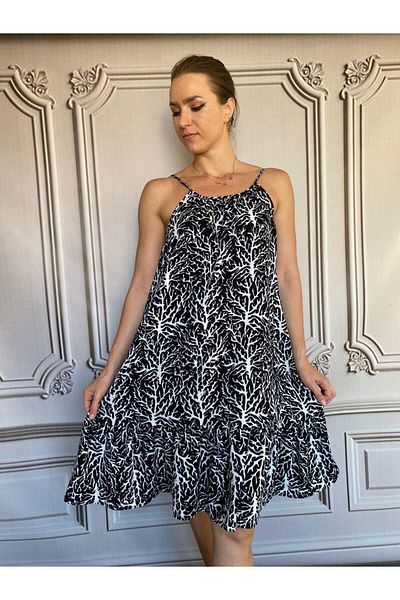 AGORATEKSTİL Women's Short Coral Pattern Viscose Fabric Dress with Rope Strap