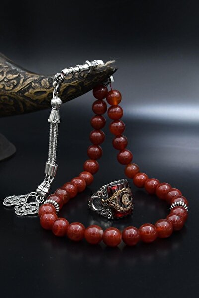 Prestige Doğal Akik Taşlı Tesbih Ve 925 Ayar Gümüş Yüzük Ay Yıldızlı (AYYILDI...