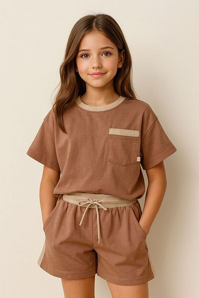 Minigimin Cicileri Miniğimin Cicileri 7-14 Years Old Children's Shorts Suit with Rib Detail - Brown