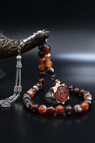 Prestige Doğal Damarlı Akik Taşlı Tesbih Ve 925 Ayar Gümüş Yüzük Selçuklu Kar...