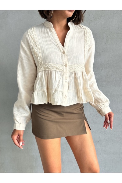 BEJNA Women's Beige Lace Detailed Muslin Shirt