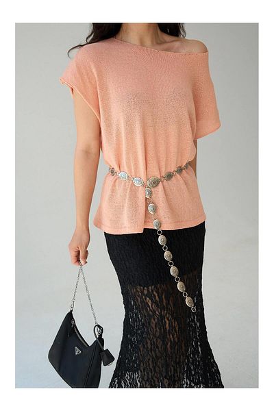 Coral Off Shoulder Short Sleeve Knitwear Salmon