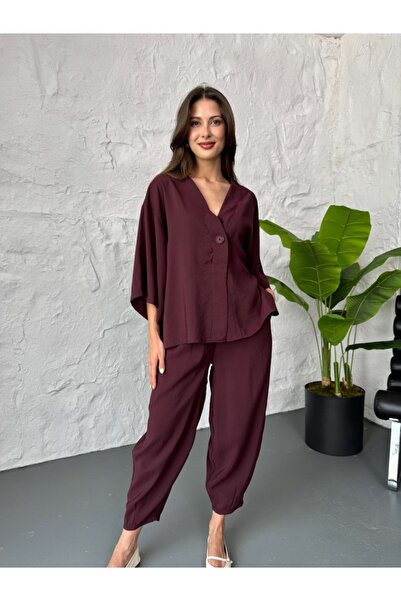 Elif Özbey Butik Mürdüm Tek Düğmeli Bluz Pantolon Takım