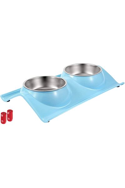 FizioTab Castron Hranire cu 2 Boluri Inox, FizioTab® – Pentru Caini de Talie Mica si Pisicute, Albastru