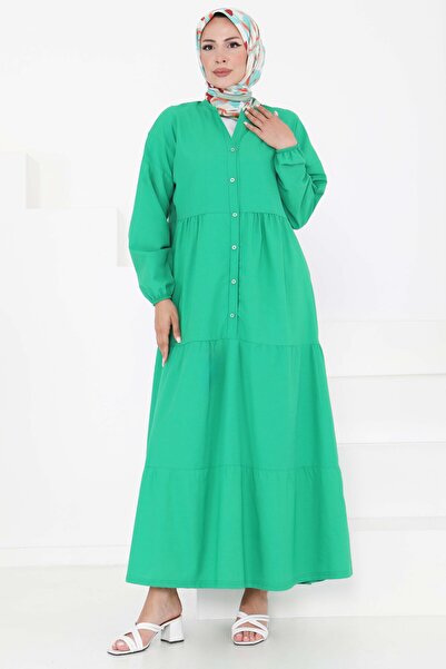 TOFİSA Büzgülü Pat Detaylı Elbise Yesil - 27293