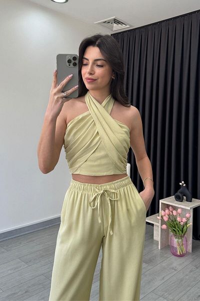 ECEMİ Reina Light Yellow Halter Neck Linen Suit