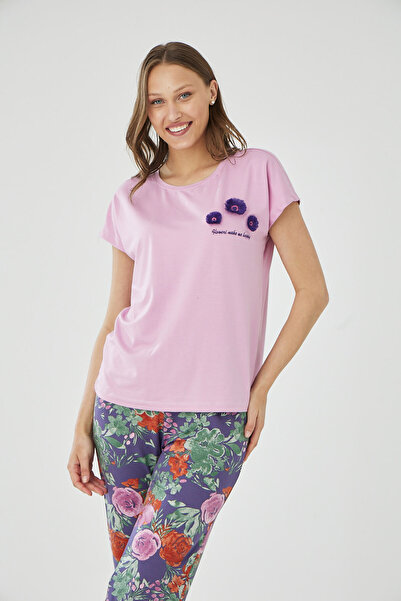 İPEKTENİM Püskül Çiçek İşlemeli Renkli Pijama Takımı