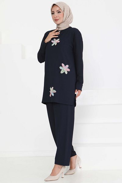 TOFİSA Flower Detailed Double Suit Navy Blue - 27371