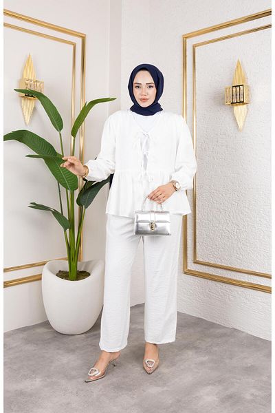 HARMAN BUTİK Women's Tie-Up Strawberry Fabric White Double Suit