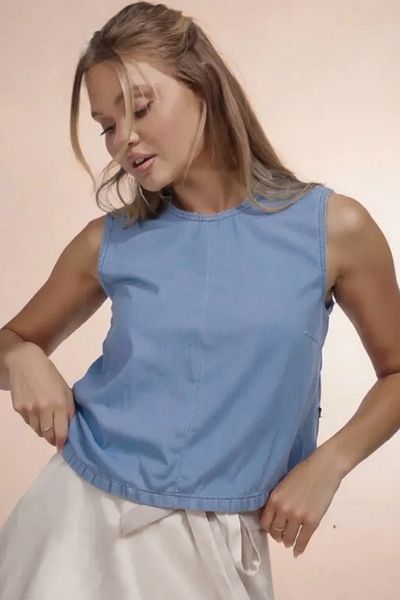 Xcedy Cedy Denim - Bluză crop din denim pentru femei, vară, țesătură subțire, croială lejeră -c634-albastru