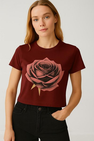 HAKKE Rose Printed Lycra Single Jersey Crop T-Shirt