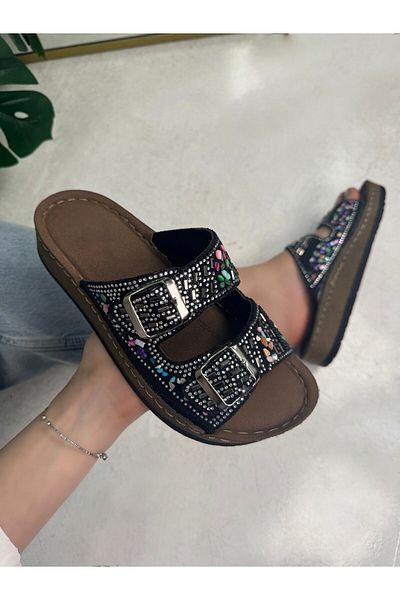 Nstil Daily Women's Slippers Double Buckle Stone Bead Detailed Soft Stitched Orthopedic Cork Sole 34155
