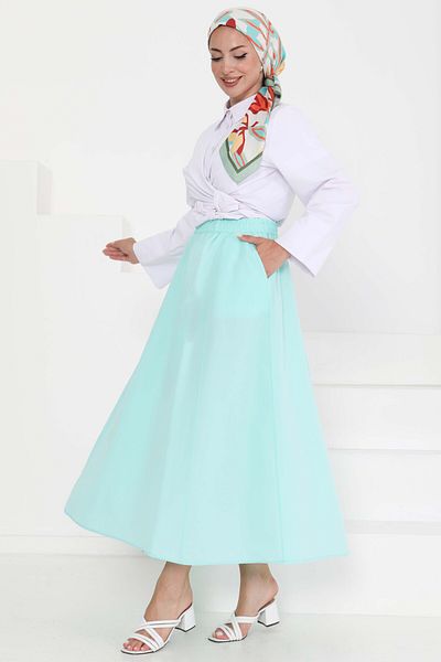 TOFİSA Linen Skirt with Pockets Water Green - 27294