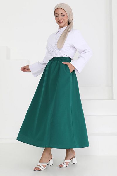 TOFİSA Linen Skirt with Pockets Emerald - 27294