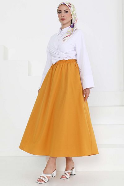 TOFİSA Linen Skirt Mustard with Pockets - 27294