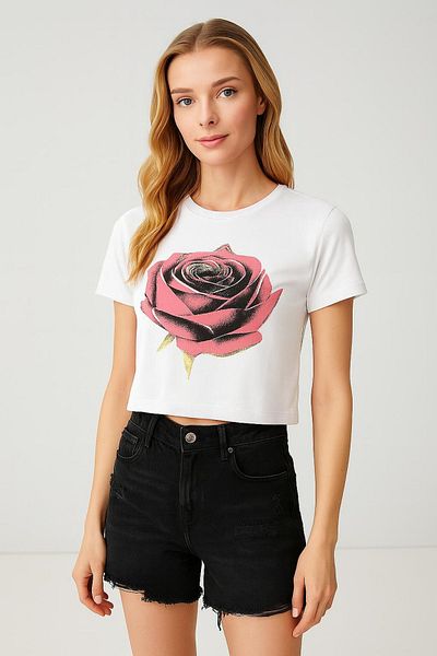 HAKKE Rose Printed Lycra Single Jersey Crop T-Shirt