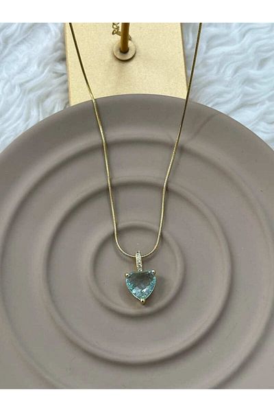 FM Gold Color 316L Chain Heart Cut Blue Stone Elegant and Meaningful Gift Steel Necklace