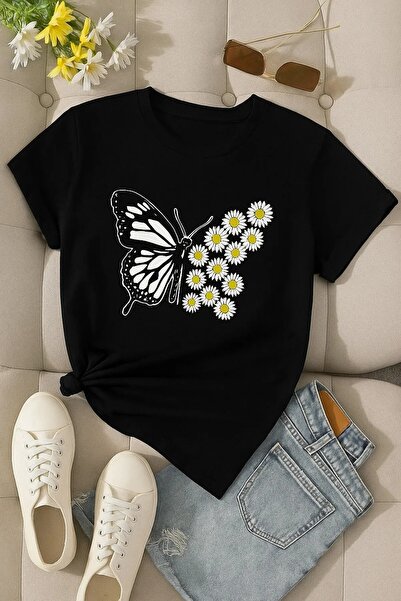 H&GHAMLEGİYİM Μπλουζάκι Unisex Oversize με στάμπα πεταλούδας και μαργαρίτες.