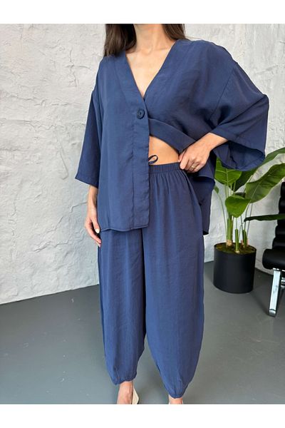 Elif Özbey Butik Navy Blue Single Button Blouse Trousers Set