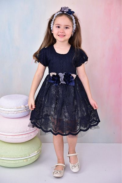 ruhaay Short Sleeve Bandage Tulle Front Flower Detail Girl's Dress