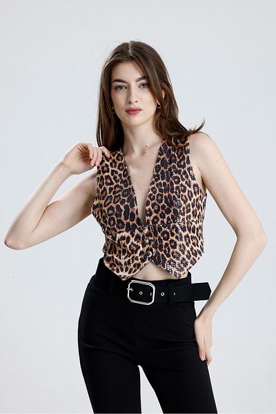 Sense Lined Fabric Covered Button Sequin Evening Dress Vest |   Ylk36126 Pink Leopard