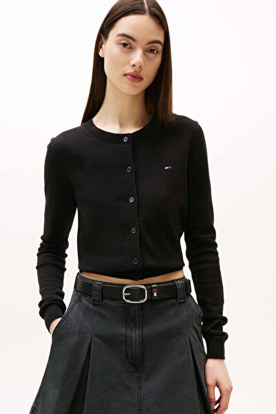 Tommy Hilfiger Kadın Bisiklet Yaka Düğmeli Pamuklu Hırka - Siyah