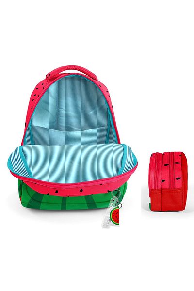 Coral High Three Compartment Primary School Backpack and Two Compartment Pen Holder - Men - Red Green Watermelon