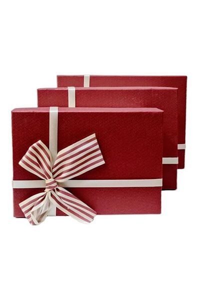 OEM Set 3 gift boxes in rectangular shape, textile bow with stripes, beige with burgundy lid 17.5-22.5 c