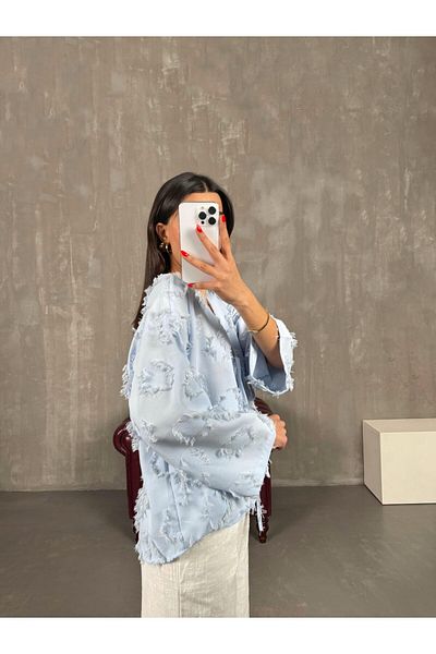 HARMONY GLOBAL Kimono de in pentru femei, cu ciucuri, albastru bebeluș, cu cravată în față – decolteu în V, croială modernă și elegantă 1029