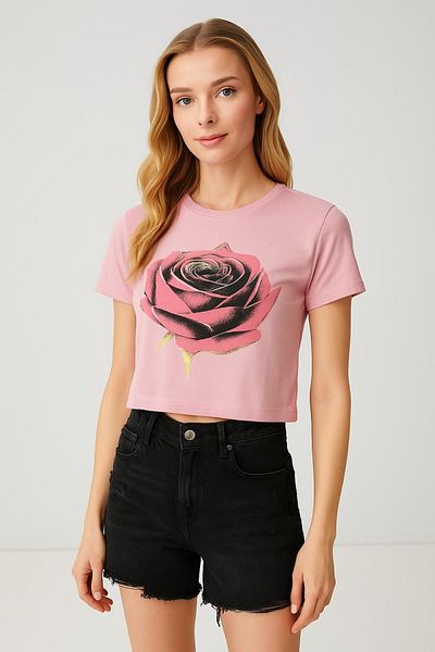 HAKKE Rose Printed Lycra Single Jersey Crop T-Shirt