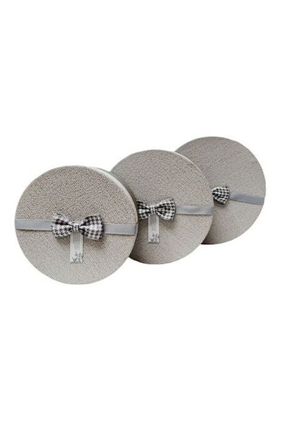OEM Set 3 cutii cadou, model rotund, fundita din material textil, gri, 19-22 cm