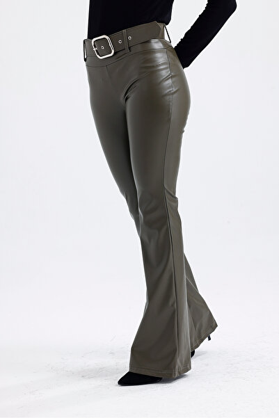 Sense Kemerli İspanyol Paça Suni Deri Pantolon PNT33313 Hakı