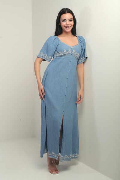 By Saygı Women's Pentagonal Collar Button Detailed Embroidered Long Denim Dress with Gipsey Back